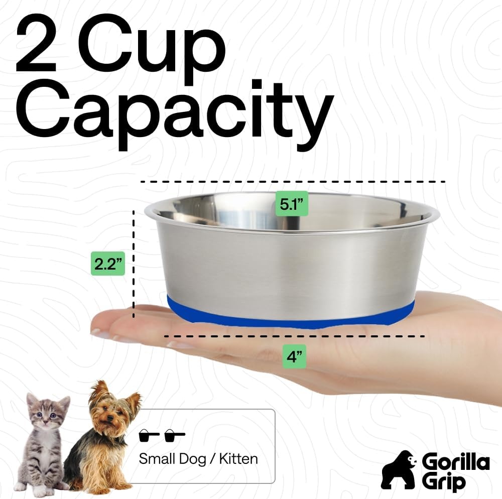 image:imageGORILLA GRIP Dog Bowls Food Grade 304 Stainless Steel Holds 2 Cups Each 16 fl oz Food and Water Bowl for Feeding Dogs and Cats Dishwasher Safe Rust Resistant BPA Free Rubber Base Set of 2 BlackRoyal Blue