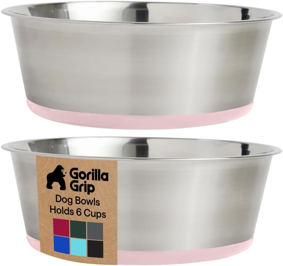 image:imageGORILLA GRIP Dog Bowls Food Grade 304 Stainless Steel Holds 2 Cups Each 16 fl oz Food and Water Bowl for Feeding Dogs and Cats Dishwasher Safe Rust Resistant BPA Free Rubber Base Set of 2 BlackLight Pink