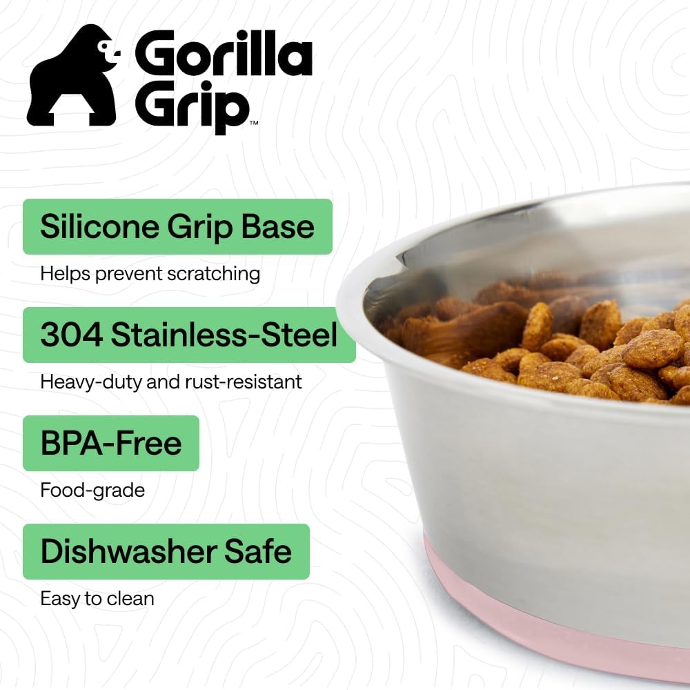 image:imageGORILLA GRIP Dog Bowls Food Grade 304 Stainless Steel Holds 2 Cups Each 16 fl oz Food and Water Bowl for Feeding Dogs and Cats Dishwasher Safe Rust Resistant BPA Free Rubber Base Set of 2 BlackLight Pink