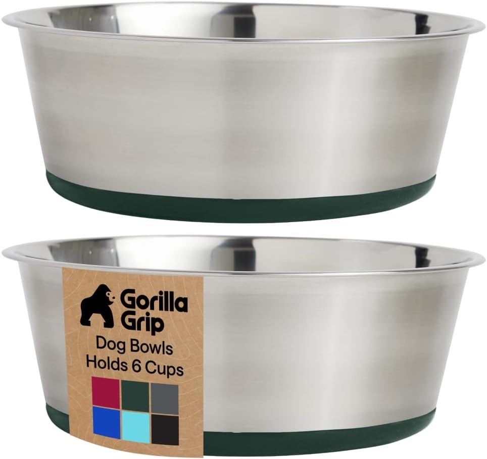 image:imageGORILLA GRIP Dog Bowls Food Grade 304 Stainless Steel Holds 2 Cups Each 16 fl oz Food and Water Bowl for Feeding Dogs and Cats Dishwasher Safe Rust Resistant BPA Free Rubber Base Set of 2 BlackHunter Green