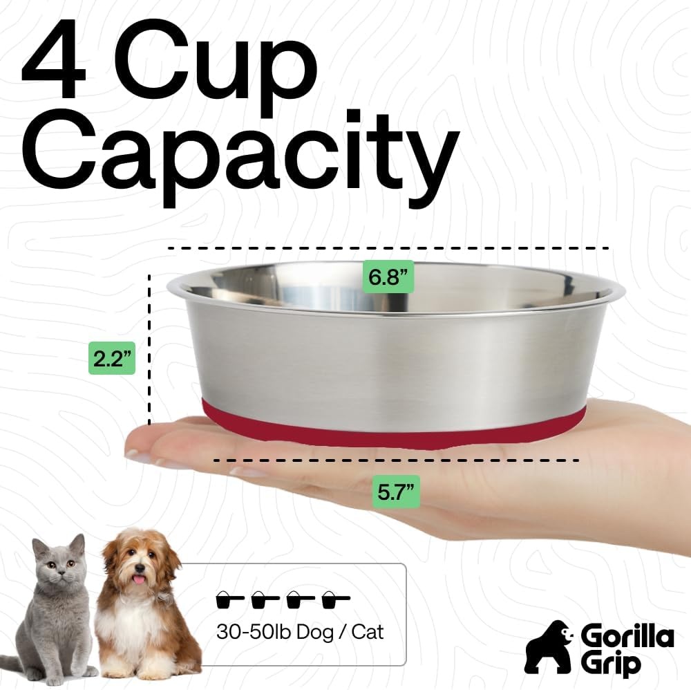 image:imageGORILLA GRIP Dog Bowls Food Grade 304 Stainless Steel Holds 2 Cups Each 16 fl oz Food and Water Bowl for Feeding Dogs and Cats Dishwasher Safe Rust Resistant BPA Free Rubber Base Set of 2 BlackRed