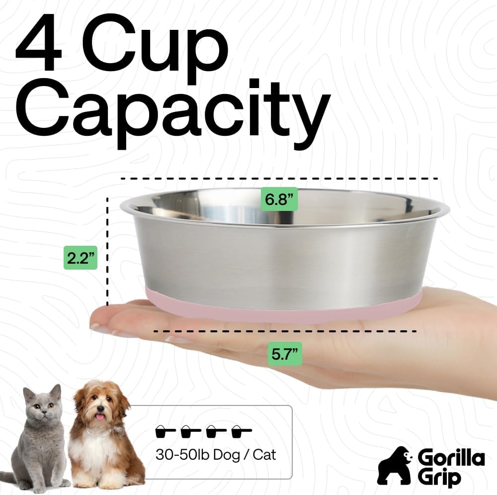 image:imageGORILLA GRIP Dog Bowls Food Grade 304 Stainless Steel Holds 2 Cups Each 16 fl oz Food and Water Bowl for Feeding Dogs and Cats Dishwasher Safe Rust Resistant BPA Free Rubber Base Set of 2 BlackLight Pink