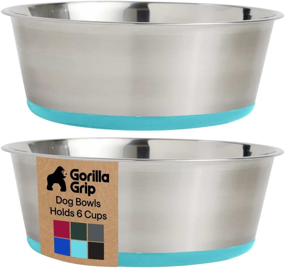 image:imageGORILLA GRIP Dog Bowls Food Grade 304 Stainless Steel Holds 2 Cups Each 16 fl oz Food and Water Bowl for Feeding Dogs and Cats Dishwasher Safe Rust Resistant BPA Free Rubber Base Set of 2 BlackTurquoise