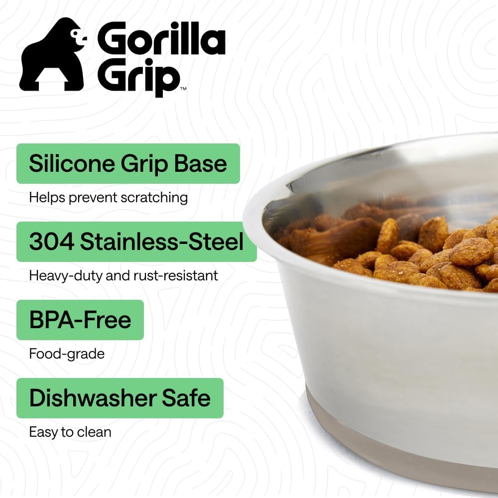 image:imageGORILLA GRIP Dog Bowls Food Grade 304 Stainless Steel Holds 2 Cups Each 16 fl oz Food and Water Bowl for Feeding Dogs and Cats Dishwasher Safe Rust Resistant BPA Free Rubber Base Set of 2 BlackBeige
