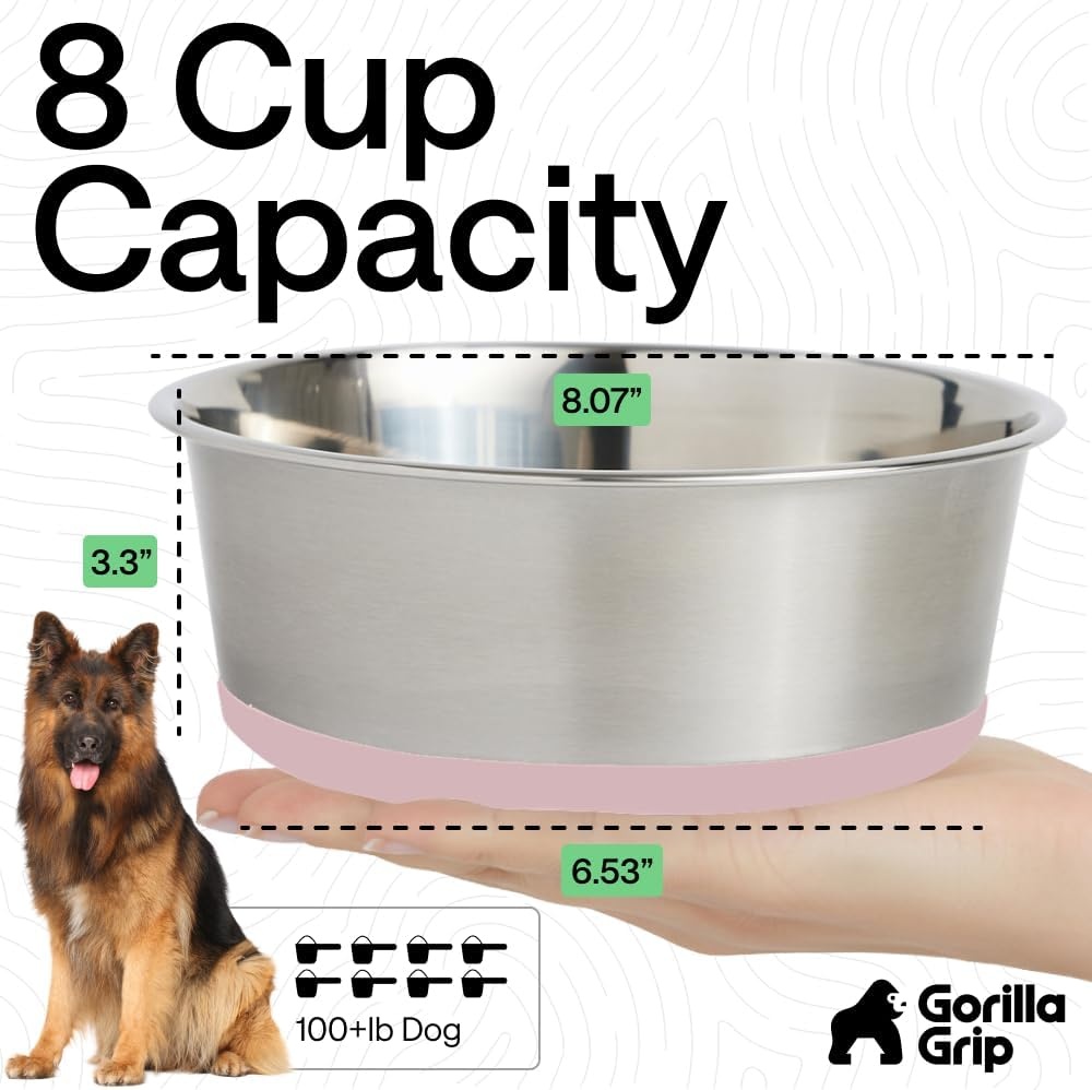 image:imageGORILLA GRIP Dog Bowls Food Grade 304 Stainless Steel Holds 2 Cups Each 16 fl oz Food and Water Bowl for Feeding Dogs and Cats Dishwasher Safe Rust Resistant BPA Free Rubber Base Set of 2 BlackLight Pink