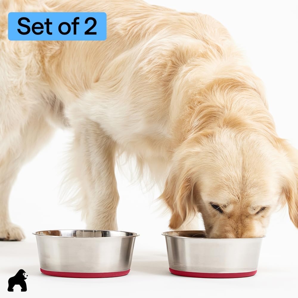 image:imageGORILLA GRIP Dog Bowls Food Grade 304 Stainless Steel Holds 2 Cups Each 16 fl oz Food and Water Bowl for Feeding Dogs and Cats Dishwasher Safe Rust Resistant BPA Free Rubber Base Set of 2 BlackRed