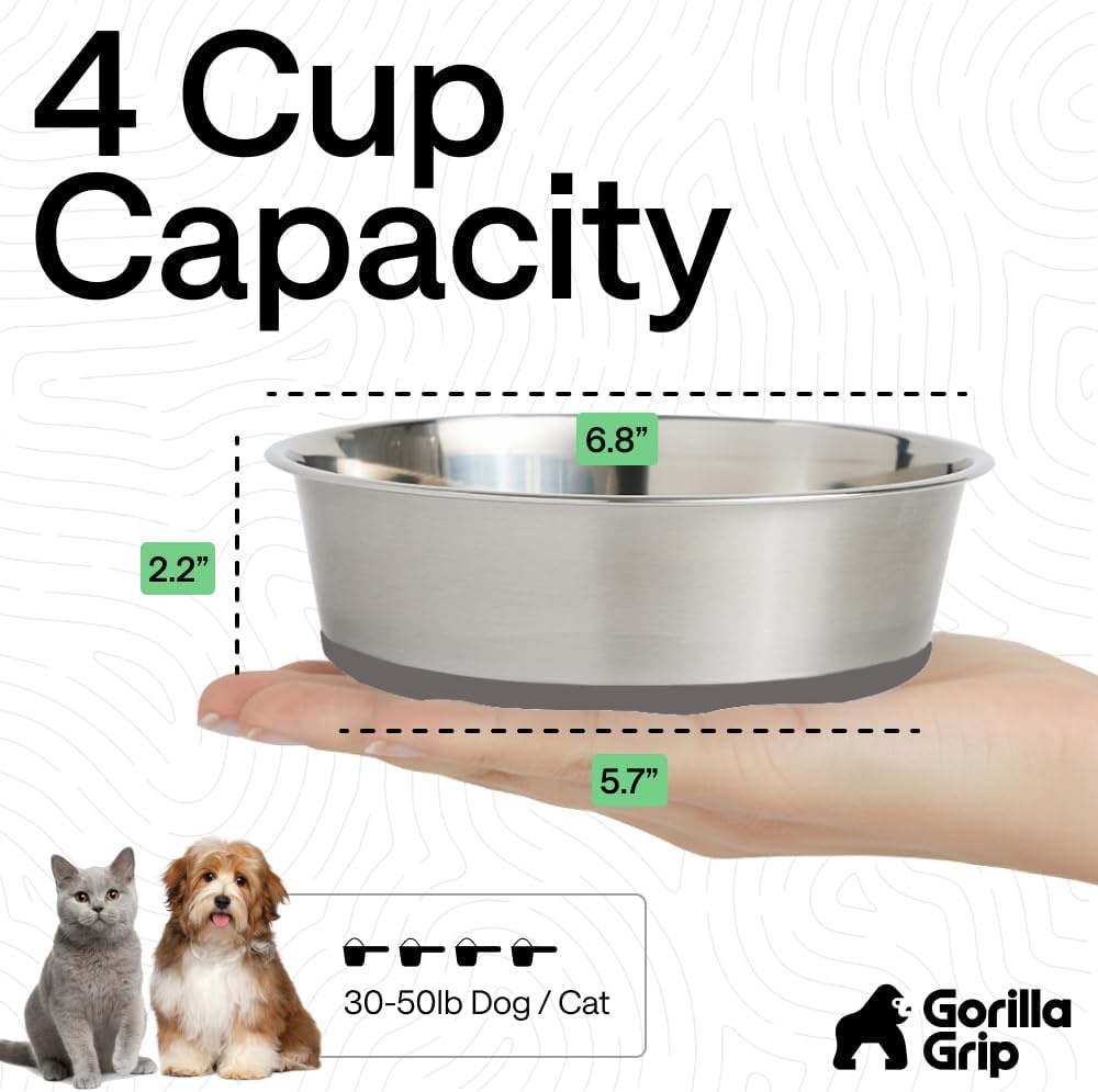 image:imageGORILLA GRIP Dog Bowls Food Grade 304 Stainless Steel Holds 2 Cups Each 16 fl oz Food and Water Bowl for Feeding Dogs and Cats Dishwasher Safe Rust Resistant BPA Free Rubber Base Set of 2 BlackGray