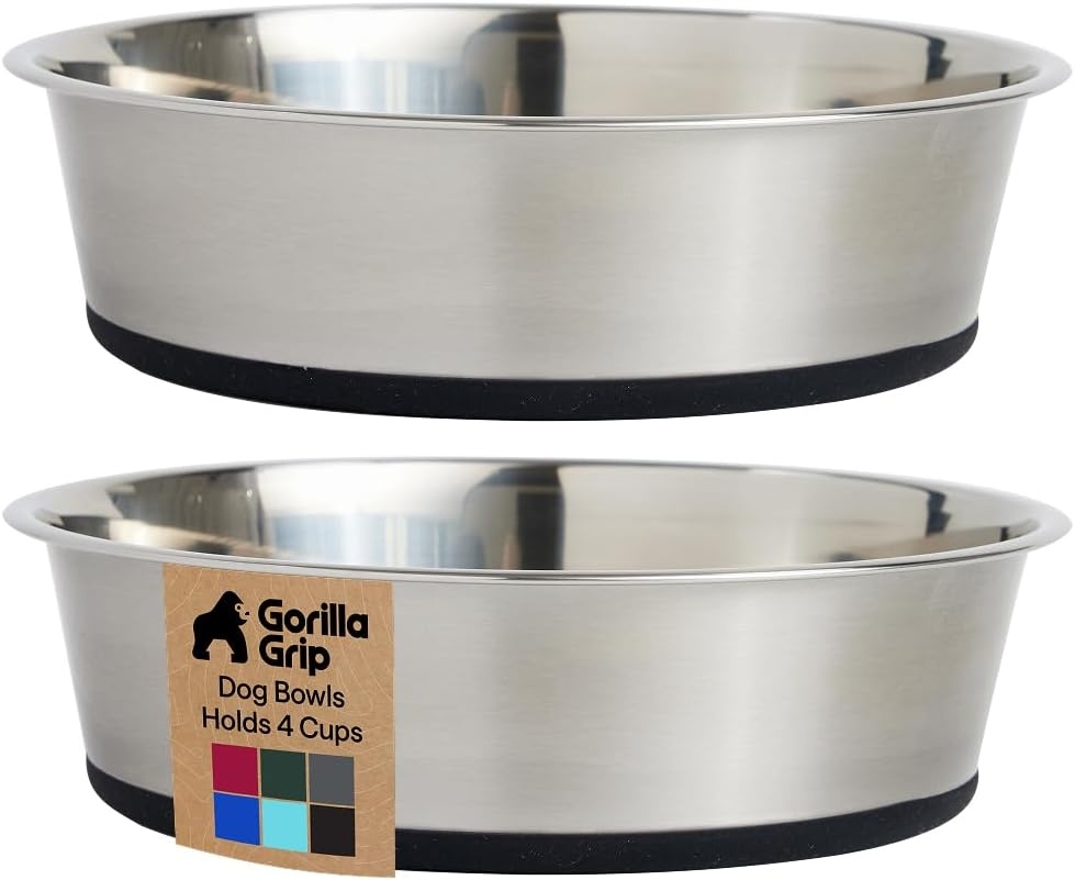 image:imageGORILLA GRIP Dog Bowls Food Grade 304 Stainless Steel Holds 2 Cups Each 16 fl oz Food and Water Bowl for Feeding Dogs and Cats Dishwasher Safe Rust Resistant BPA Free Rubber Base Set of 2 BlackBlack