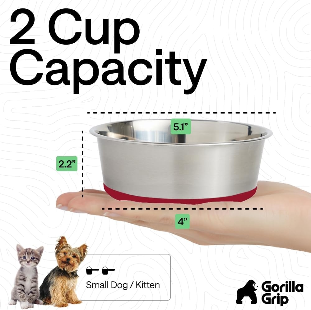 image:imageGORILLA GRIP Dog Bowls Food Grade 304 Stainless Steel Holds 2 Cups Each 16 fl oz Food and Water Bowl for Feeding Dogs and Cats Dishwasher Safe Rust Resistant BPA Free Rubber Base Set of 2 BlackRed