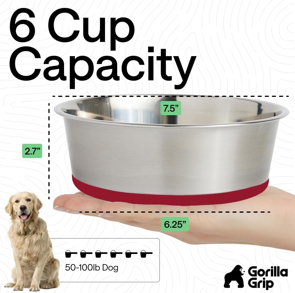 image:imageGORILLA GRIP Dog Bowls Food Grade 304 Stainless Steel Holds 2 Cups Each 16 fl oz Food and Water Bowl for Feeding Dogs and Cats Dishwasher Safe Rust Resistant BPA Free Rubber Base Set of 2 BlackRed