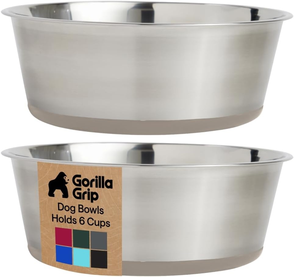 image:imageGORILLA GRIP Dog Bowls Food Grade 304 Stainless Steel Holds 2 Cups Each 16 fl oz Food and Water Bowl for Feeding Dogs and Cats Dishwasher Safe Rust Resistant BPA Free Rubber Base Set of 2 BlackBeige