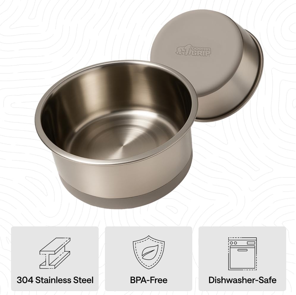image:imageGORILLA GRIP Dog Bowls Food Grade 304 Stainless Steel Holds 2 Cups Each 16 fl oz Food and Water Bowl for Feeding Dogs and Cats Dishwasher Safe Rust Resistant BPA Free Rubber Base Set of 2 BlackBeige