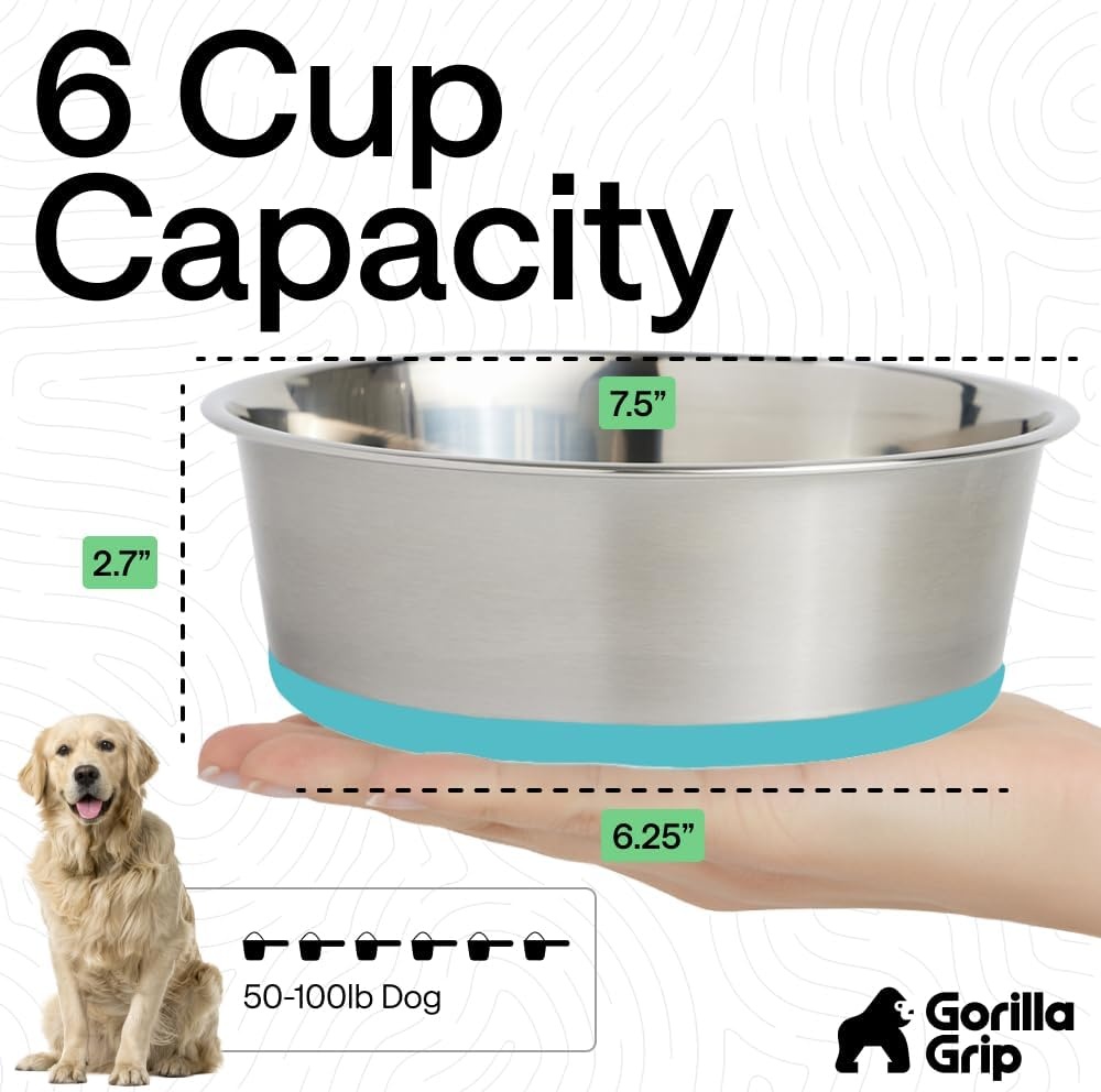 image:imageGORILLA GRIP Dog Bowls Food Grade 304 Stainless Steel Holds 2 Cups Each 16 fl oz Food and Water Bowl for Feeding Dogs and Cats Dishwasher Safe Rust Resistant BPA Free Rubber Base Set of 2 BlackTurquoise