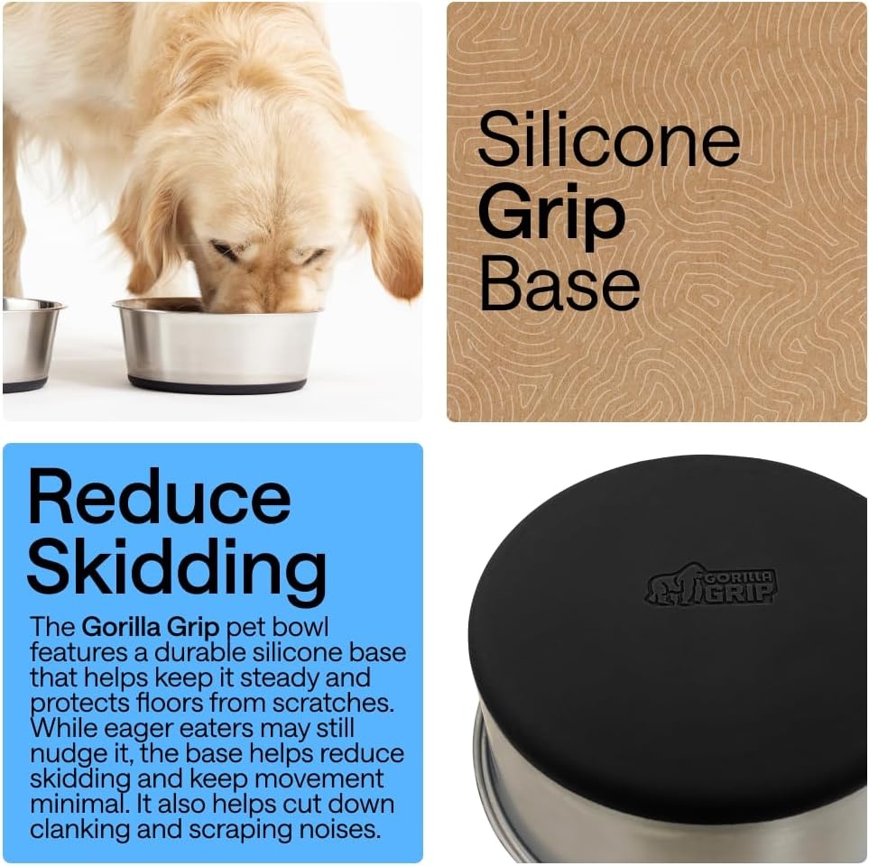 image:imageGORILLA GRIP Dog Bowls Food Grade 304 Stainless Steel Holds 2 Cups Each 16 fl oz Food and Water Bowl for Feeding Dogs and Cats Dishwasher Safe Rust Resistant BPA Free Rubber Base Set of 2 BlackBlack