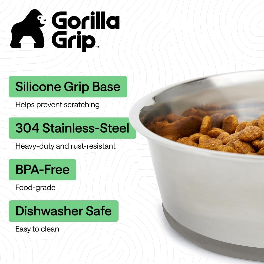 image:imageGORILLA GRIP Dog Bowls Food Grade 304 Stainless Steel Holds 2 Cups Each 16 fl oz Food and Water Bowl for Feeding Dogs and Cats Dishwasher Safe Rust Resistant BPA Free Rubber Base Set of 2 BlackGray