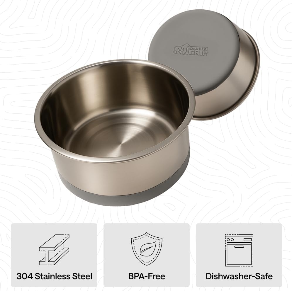 image:imageGORILLA GRIP Dog Bowls Food Grade 304 Stainless Steel Holds 2 Cups Each 16 fl oz Food and Water Bowl for Feeding Dogs and Cats Dishwasher Safe Rust Resistant BPA Free Rubber Base Set of 2 BlackGray