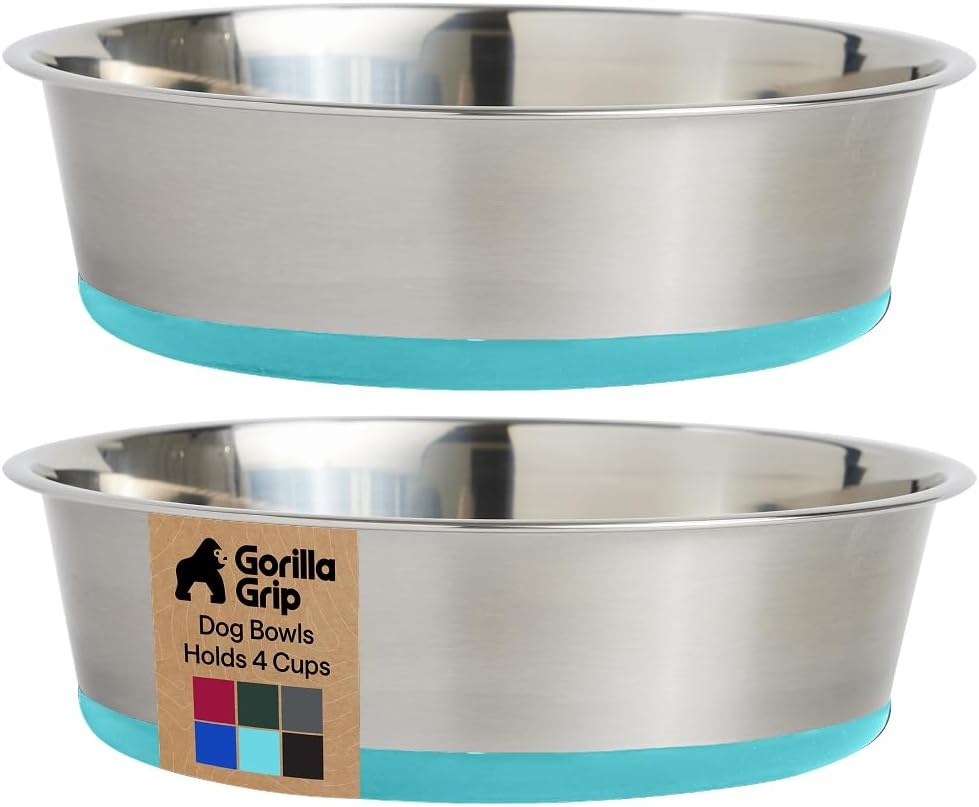 image:imageGORILLA GRIP Dog Bowls Food Grade 304 Stainless Steel Holds 2 Cups Each 16 fl oz Food and Water Bowl for Feeding Dogs and Cats Dishwasher Safe Rust Resistant BPA Free Rubber Base Set of 2 BlackTurquoise