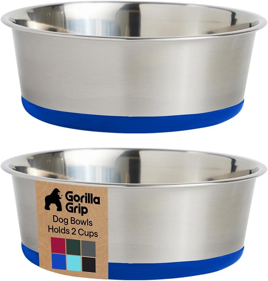 image:imageGORILLA GRIP Dog Bowls Food Grade 304 Stainless Steel Holds 2 Cups Each 16 fl oz Food and Water Bowl for Feeding Dogs and Cats Dishwasher Safe Rust Resistant BPA Free Rubber Base Set of 2 BlackRoyal Blue