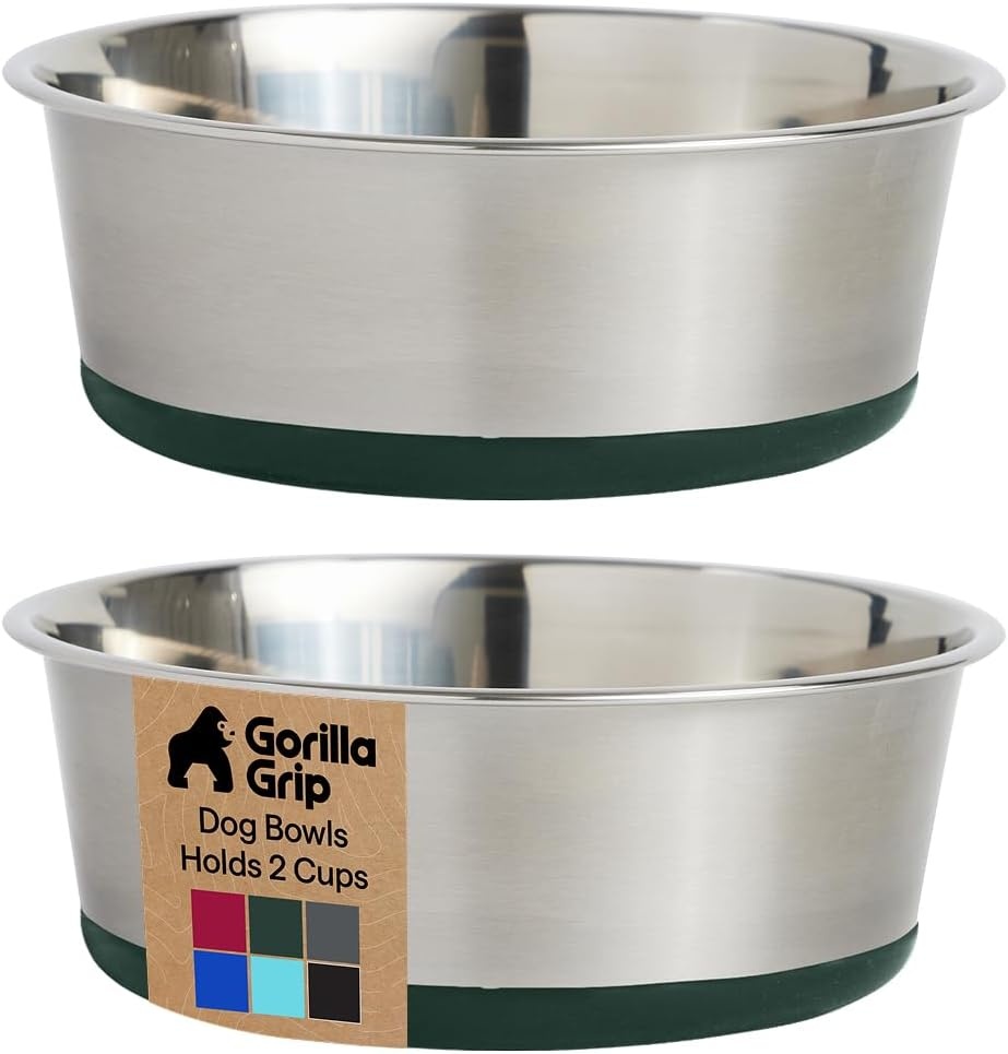 image:imageGORILLA GRIP Dog Bowls Food Grade 304 Stainless Steel Holds 2 Cups Each 16 fl oz Food and Water Bowl for Feeding Dogs and Cats Dishwasher Safe Rust Resistant BPA Free Rubber Base Set of 2 BlackHunter Green