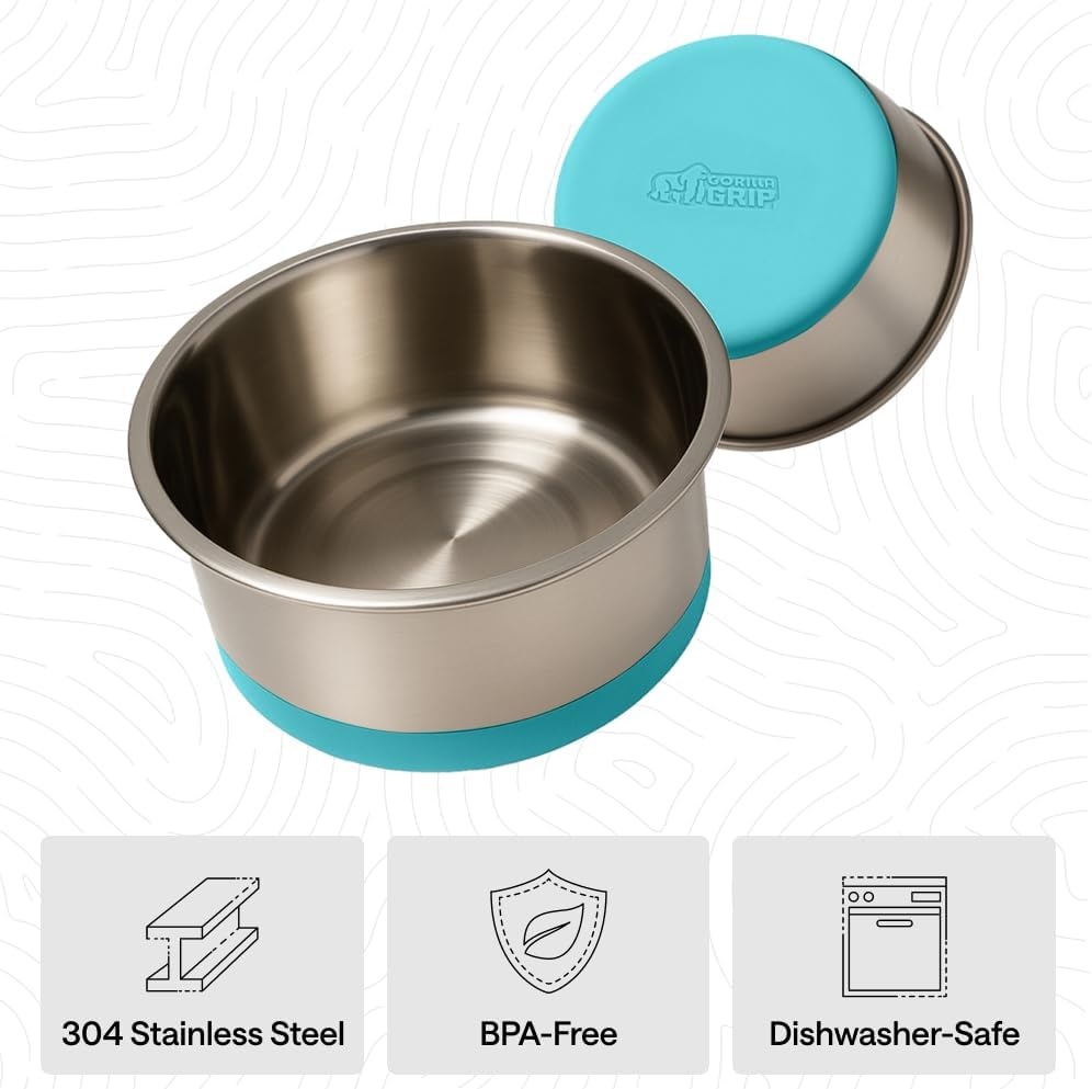 image:imageGORILLA GRIP Dog Bowls Food Grade 304 Stainless Steel Holds 2 Cups Each 16 fl oz Food and Water Bowl for Feeding Dogs and Cats Dishwasher Safe Rust Resistant BPA Free Rubber Base Set of 2 BlackTurquoise