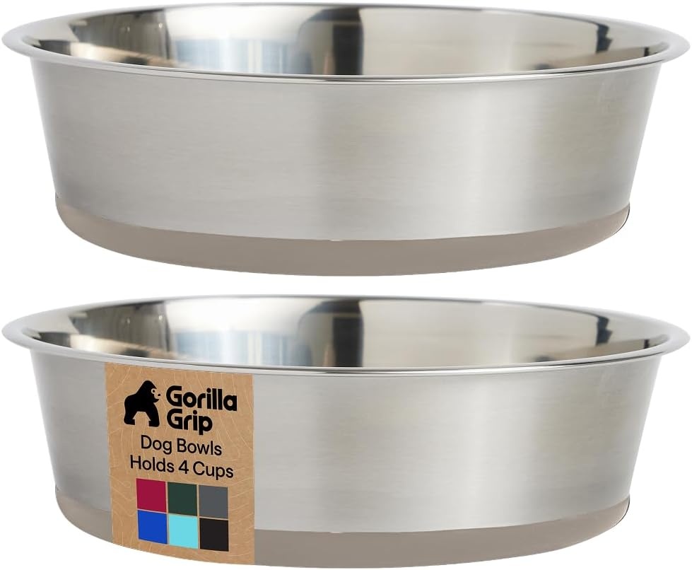 image:imageGORILLA GRIP Dog Bowls Food Grade 304 Stainless Steel Holds 2 Cups Each 16 fl oz Food and Water Bowl for Feeding Dogs and Cats Dishwasher Safe Rust Resistant BPA Free Rubber Base Set of 2 BlackBeige