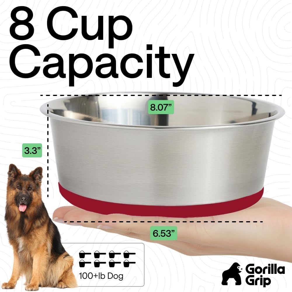 image:imageGORILLA GRIP Dog Bowls Food Grade 304 Stainless Steel Holds 2 Cups Each 16 fl oz Food and Water Bowl for Feeding Dogs and Cats Dishwasher Safe Rust Resistant BPA Free Rubber Base Set of 2 BlackRed