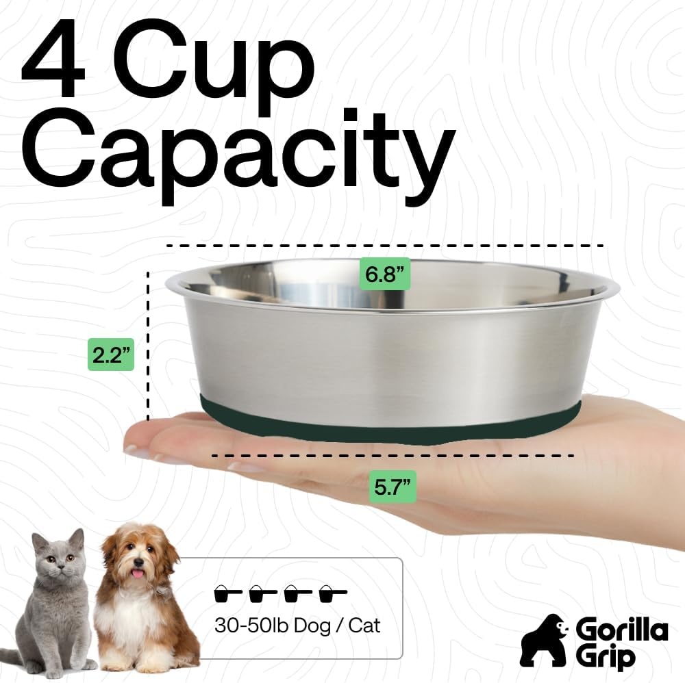 image:imageGORILLA GRIP Dog Bowls Food Grade 304 Stainless Steel Holds 2 Cups Each 16 fl oz Food and Water Bowl for Feeding Dogs and Cats Dishwasher Safe Rust Resistant BPA Free Rubber Base Set of 2 BlackHunter Green