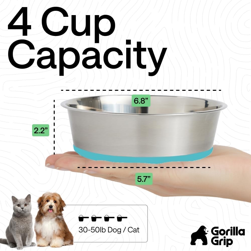 image:imageGORILLA GRIP Dog Bowls Food Grade 304 Stainless Steel Holds 2 Cups Each 16 fl oz Food and Water Bowl for Feeding Dogs and Cats Dishwasher Safe Rust Resistant BPA Free Rubber Base Set of 2 BlackTurquoise