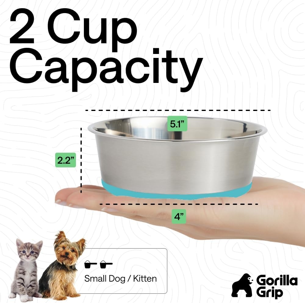 image:imageGORILLA GRIP Dog Bowls Food Grade 304 Stainless Steel Holds 2 Cups Each 16 fl oz Food and Water Bowl for Feeding Dogs and Cats Dishwasher Safe Rust Resistant BPA Free Rubber Base Set of 2 BlackTurquoise