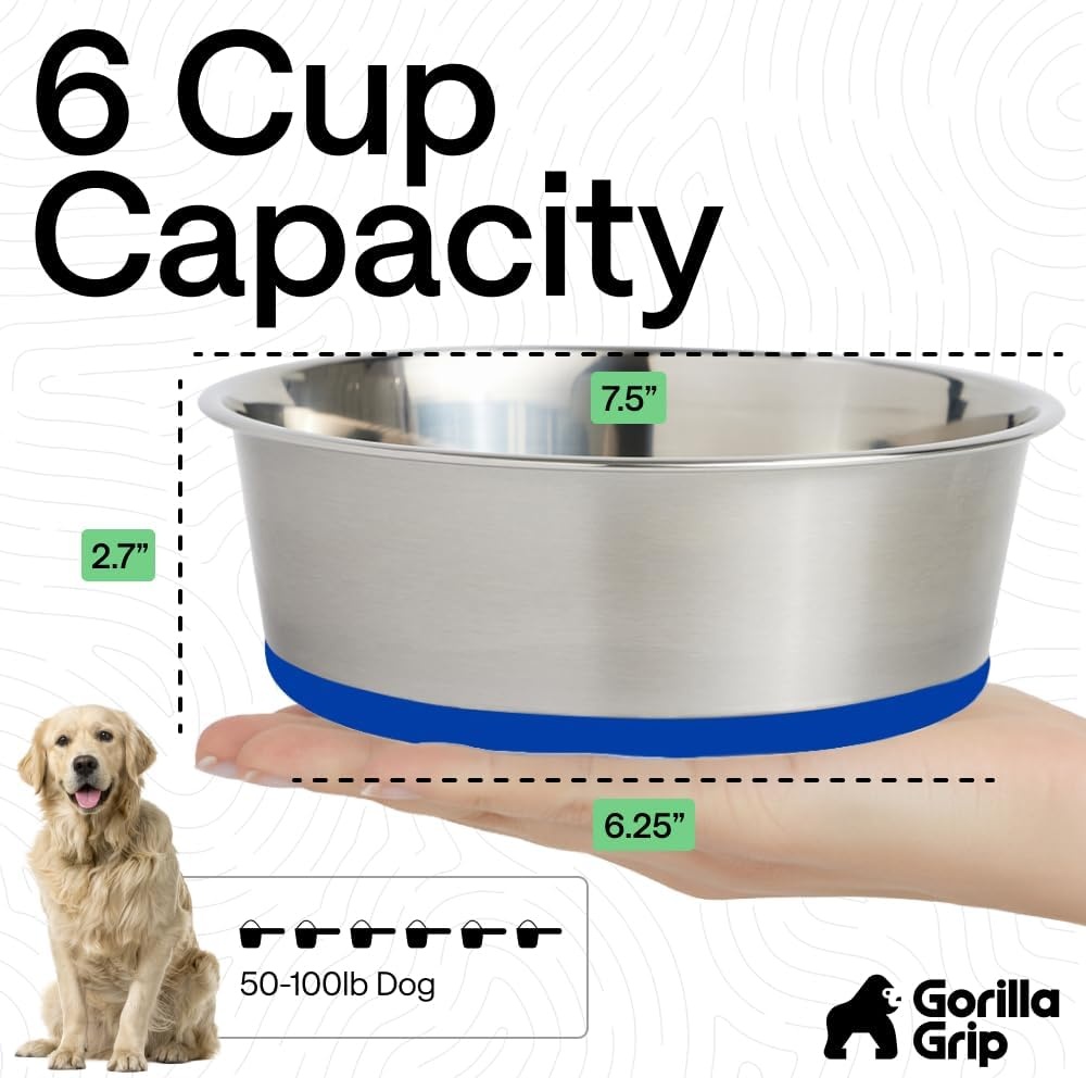image:imageGORILLA GRIP Dog Bowls Food Grade 304 Stainless Steel Holds 2 Cups Each 16 fl oz Food and Water Bowl for Feeding Dogs and Cats Dishwasher Safe Rust Resistant BPA Free Rubber Base Set of 2 BlackRoyal Blue
