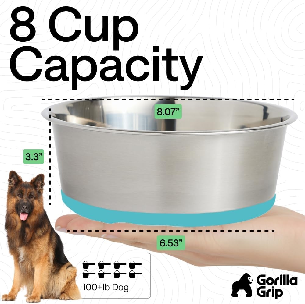 image:imageGORILLA GRIP Dog Bowls Food Grade 304 Stainless Steel Holds 2 Cups Each 16 fl oz Food and Water Bowl for Feeding Dogs and Cats Dishwasher Safe Rust Resistant BPA Free Rubber Base Set of 2 BlackTurquoise