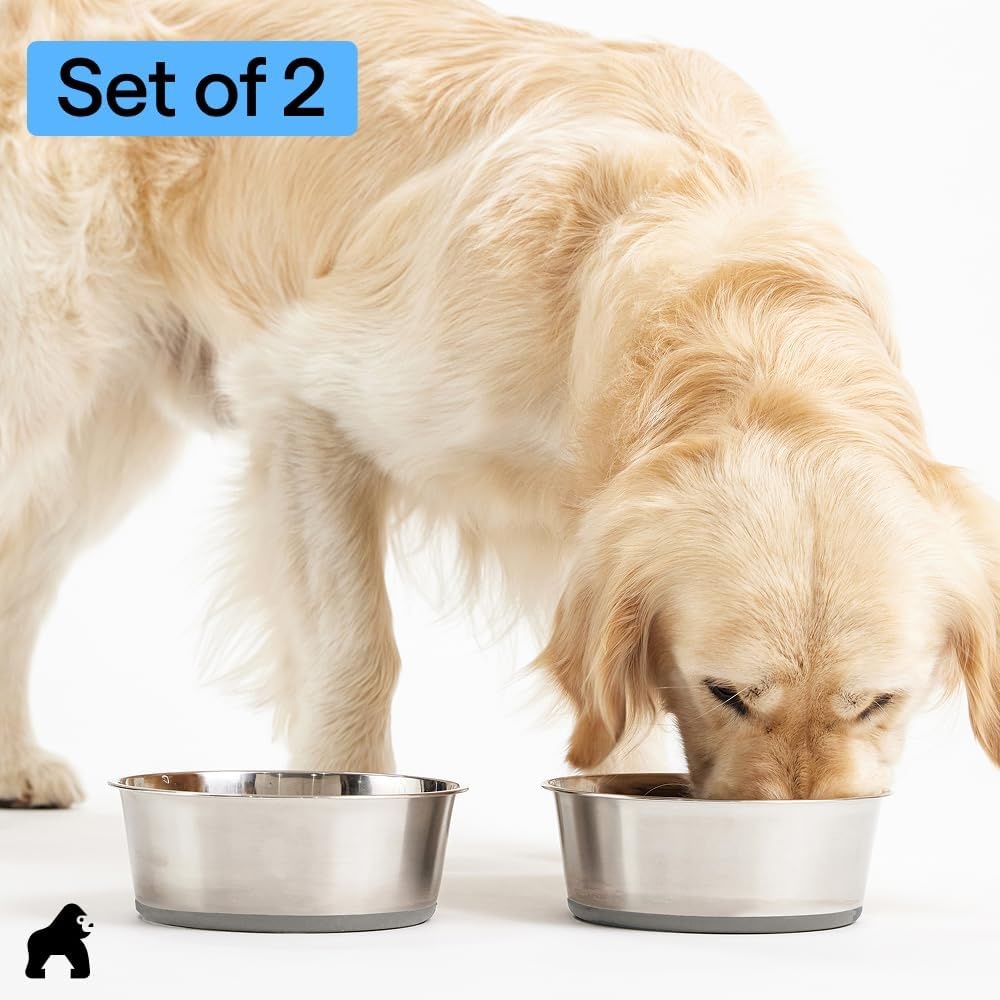 image:imageGORILLA GRIP Dog Bowls Food Grade 304 Stainless Steel Holds 2 Cups Each 16 fl oz Food and Water Bowl for Feeding Dogs and Cats Dishwasher Safe Rust Resistant BPA Free Rubber Base Set of 2 BlackGray