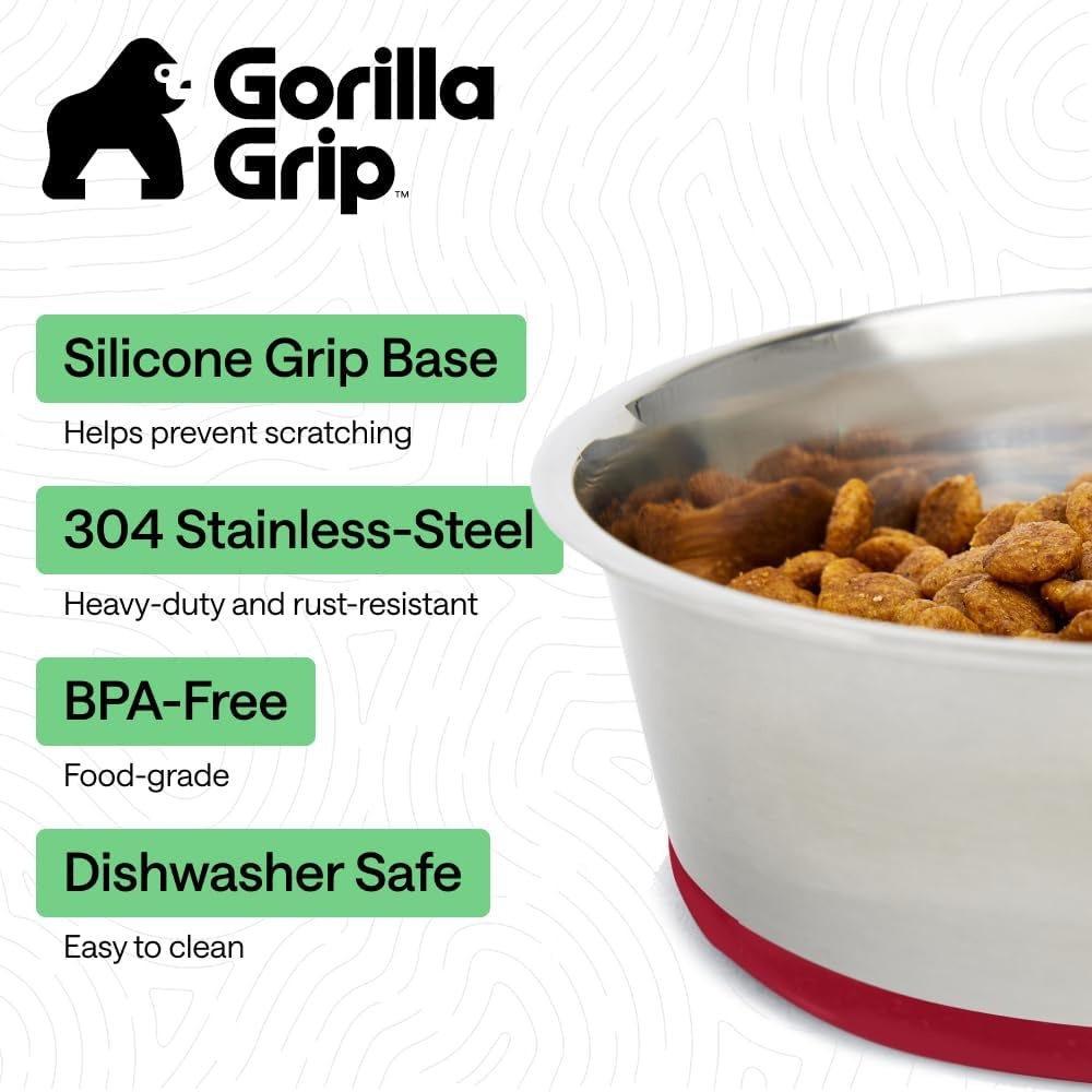 image:imageGORILLA GRIP Dog Bowls Food Grade 304 Stainless Steel Holds 2 Cups Each 16 fl oz Food and Water Bowl for Feeding Dogs and Cats Dishwasher Safe Rust Resistant BPA Free Rubber Base Set of 2 BlackRed