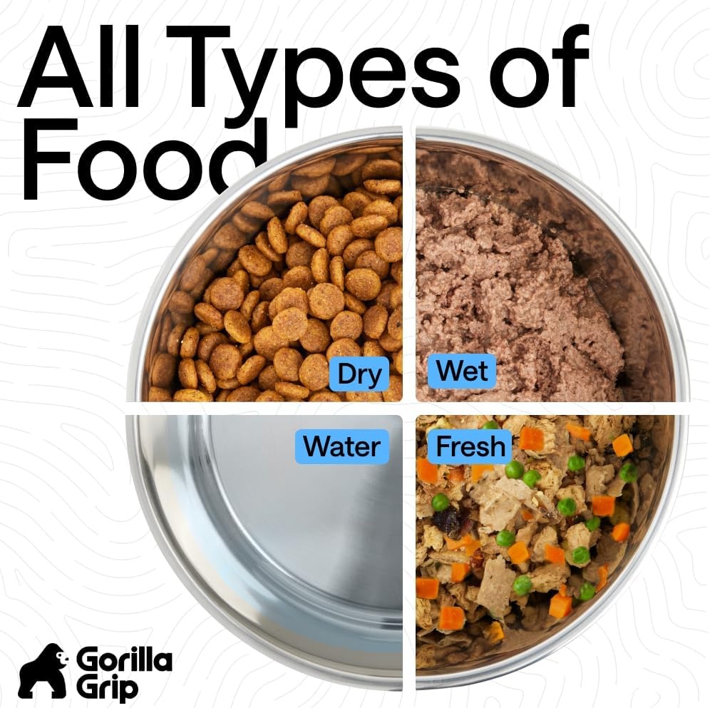image:imageGORILLA GRIP Dog Bowls Food Grade 304 Stainless Steel Holds 2 Cups Each 16 fl oz Food and Water Bowl for Feeding Dogs and Cats Dishwasher Safe Rust Resistant BPA Free Rubber Base Set of 2 BlackLight Pink