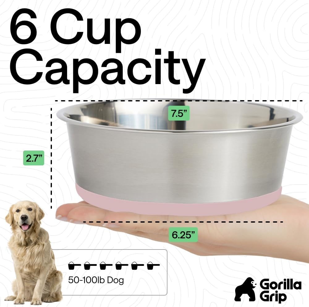 image:imageGORILLA GRIP Dog Bowls Food Grade 304 Stainless Steel Holds 2 Cups Each 16 fl oz Food and Water Bowl for Feeding Dogs and Cats Dishwasher Safe Rust Resistant BPA Free Rubber Base Set of 2 BlackLight Pink