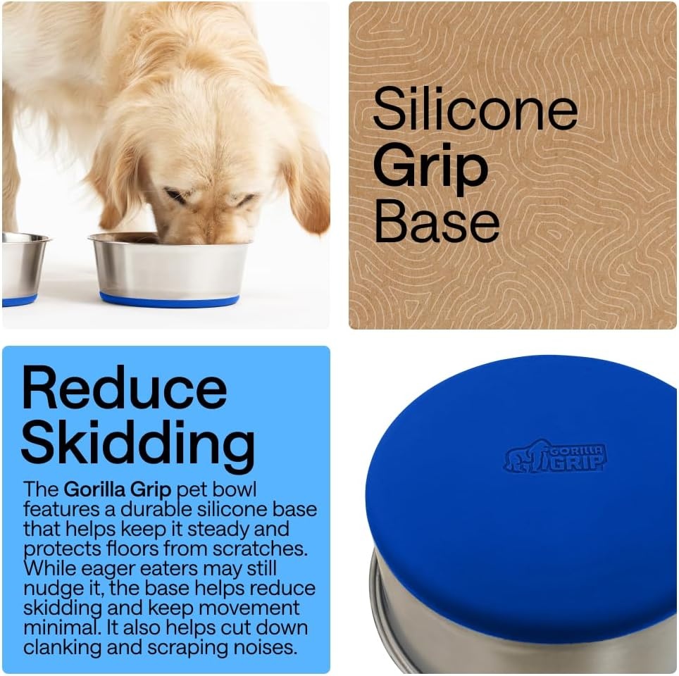 image:imageGORILLA GRIP Dog Bowls Food Grade 304 Stainless Steel Holds 2 Cups Each 16 fl oz Food and Water Bowl for Feeding Dogs and Cats Dishwasher Safe Rust Resistant BPA Free Rubber Base Set of 2 BlackRoyal Blue