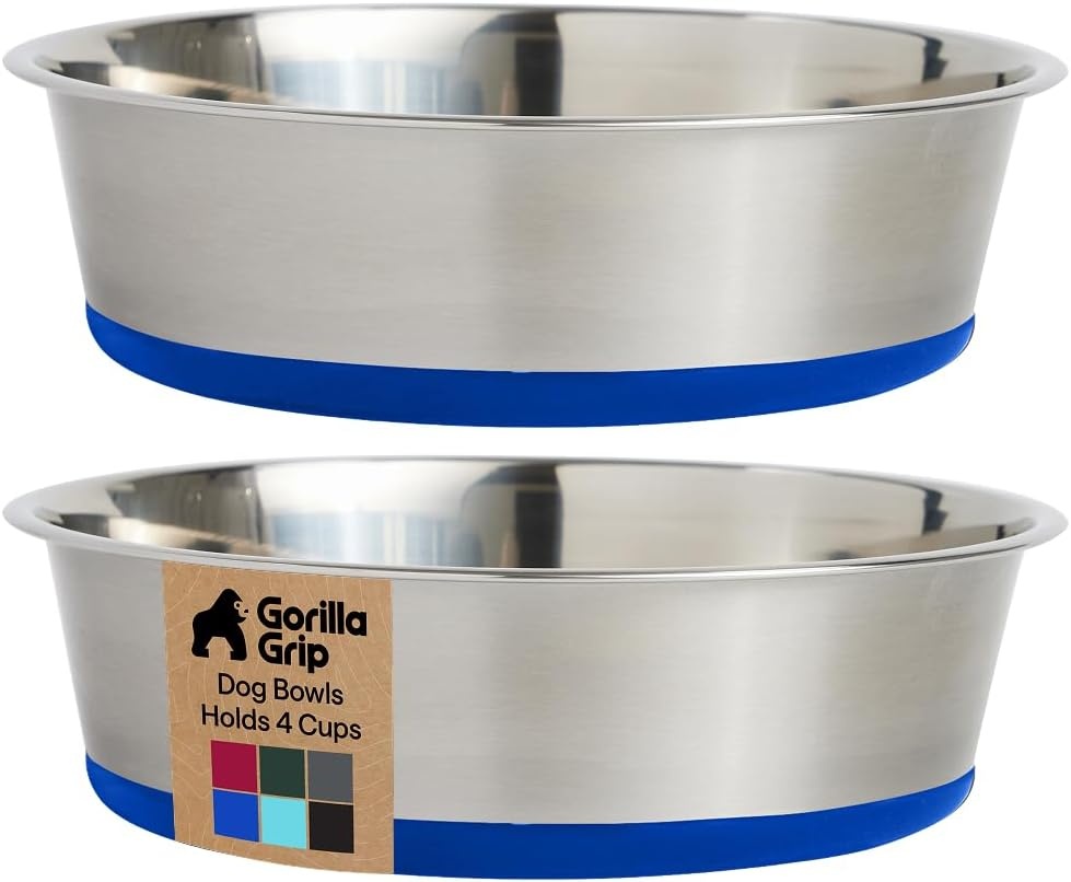 image:imageGORILLA GRIP Dog Bowls Food Grade 304 Stainless Steel Holds 2 Cups Each 16 fl oz Food and Water Bowl for Feeding Dogs and Cats Dishwasher Safe Rust Resistant BPA Free Rubber Base Set of 2 BlackRoyal Blue