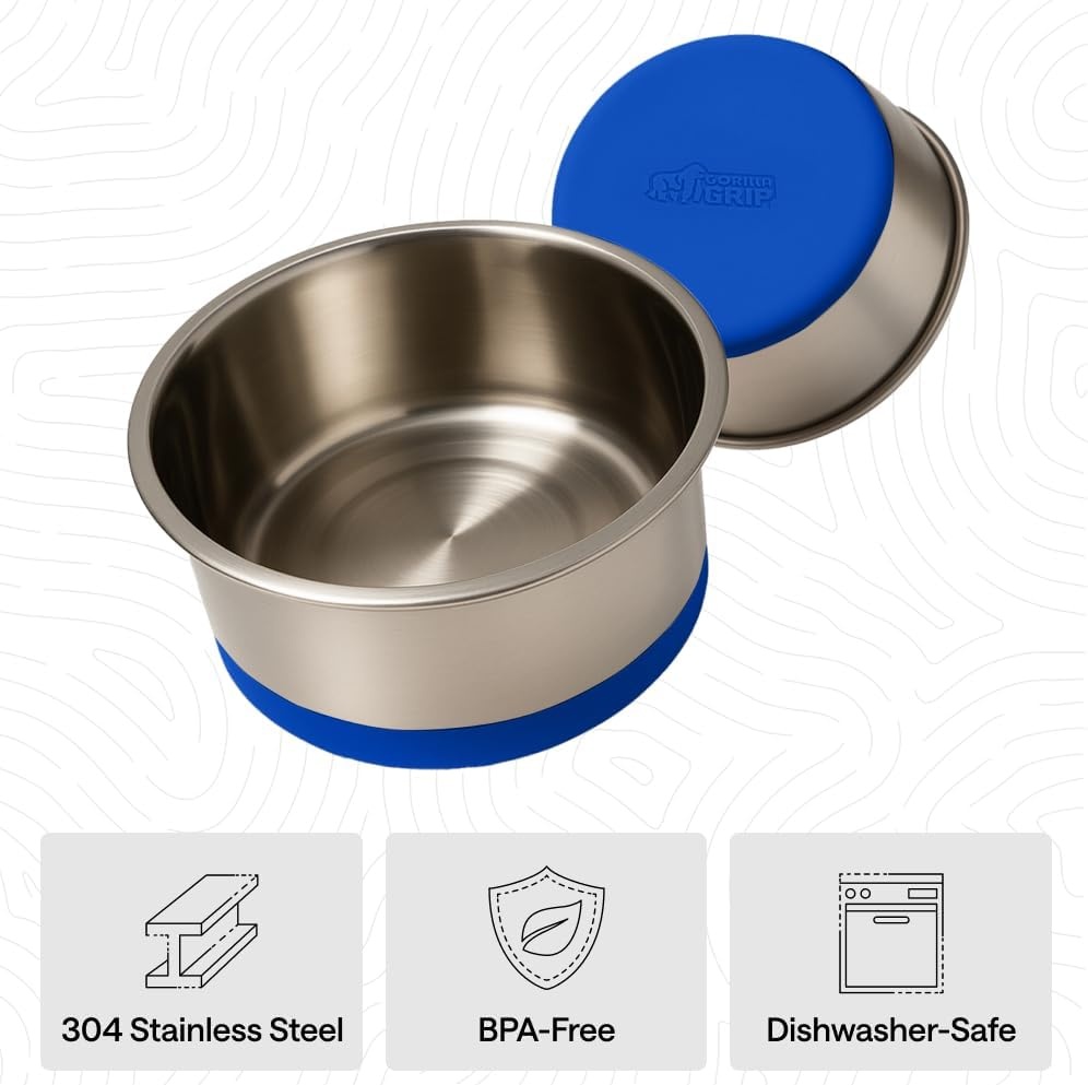 image:imageGORILLA GRIP Dog Bowls Food Grade 304 Stainless Steel Holds 2 Cups Each 16 fl oz Food and Water Bowl for Feeding Dogs and Cats Dishwasher Safe Rust Resistant BPA Free Rubber Base Set of 2 BlackRoyal Blue