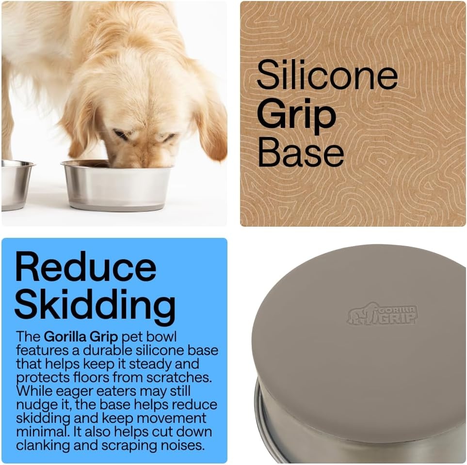 image:imageGORILLA GRIP Dog Bowls Food Grade 304 Stainless Steel Holds 2 Cups Each 16 fl oz Food and Water Bowl for Feeding Dogs and Cats Dishwasher Safe Rust Resistant BPA Free Rubber Base Set of 2 BlackBeige