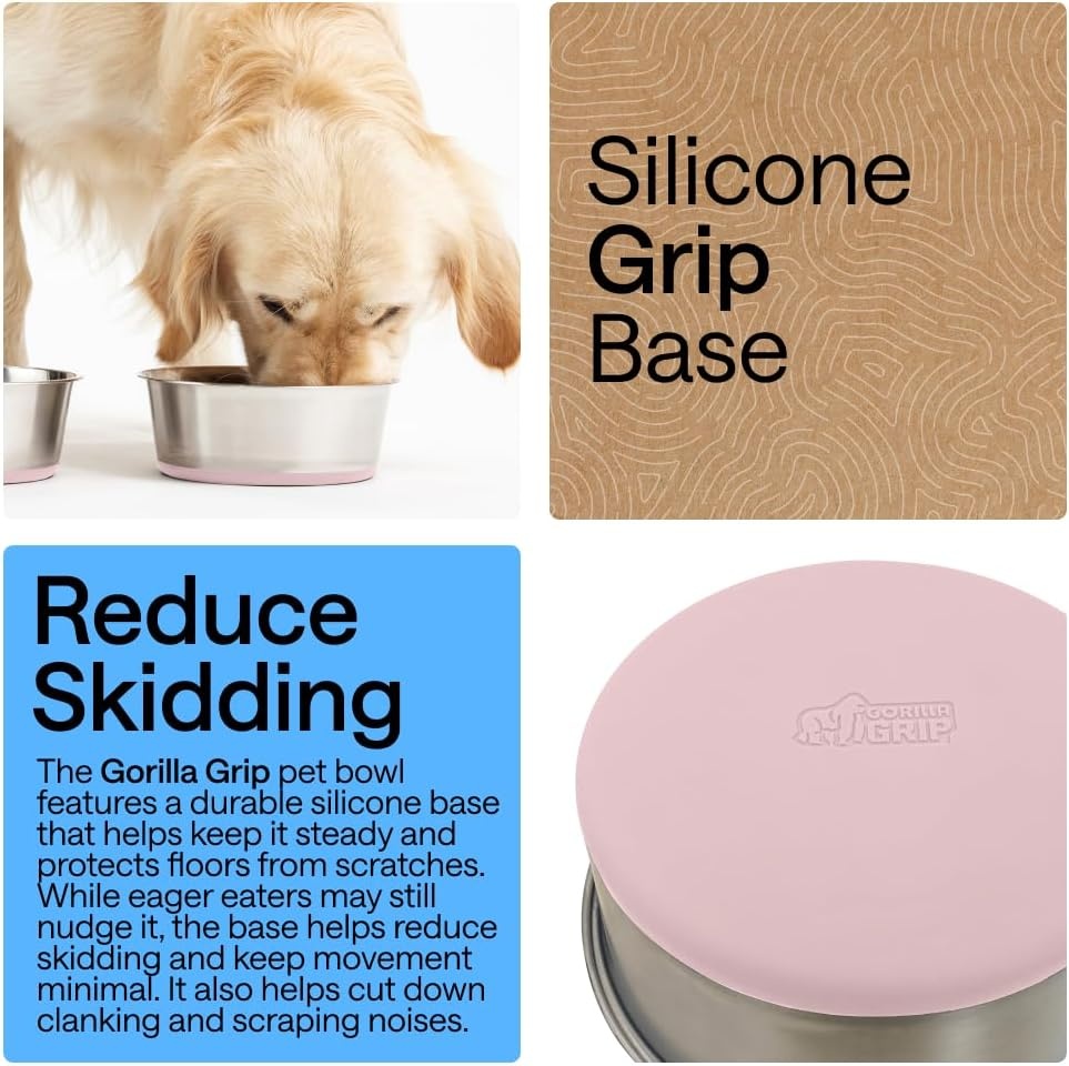 image:imageGORILLA GRIP Dog Bowls Food Grade 304 Stainless Steel Holds 2 Cups Each 16 fl oz Food and Water Bowl for Feeding Dogs and Cats Dishwasher Safe Rust Resistant BPA Free Rubber Base Set of 2 BlackLight Pink