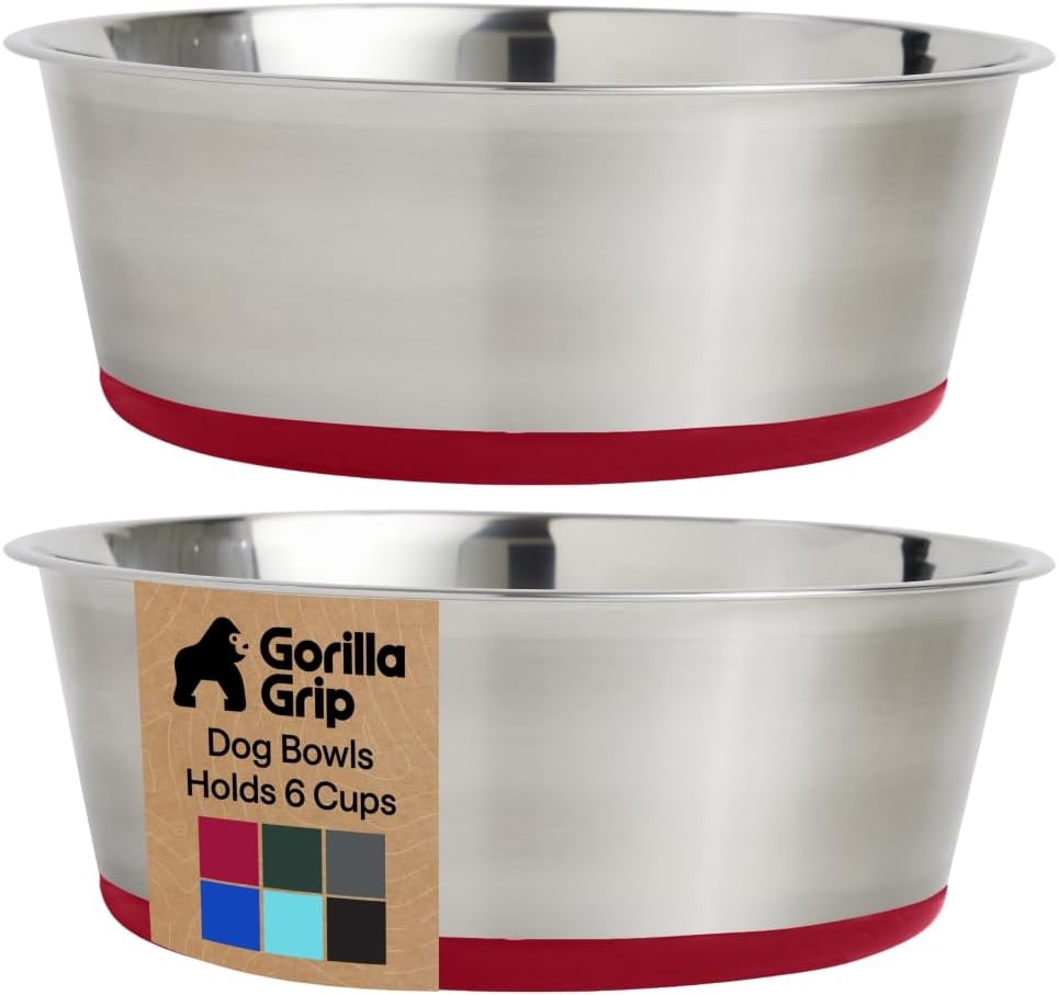 image:imageGORILLA GRIP Dog Bowls Food Grade 304 Stainless Steel Holds 2 Cups Each 16 fl oz Food and Water Bowl for Feeding Dogs and Cats Dishwasher Safe Rust Resistant BPA Free Rubber Base Set of 2 BlackRed