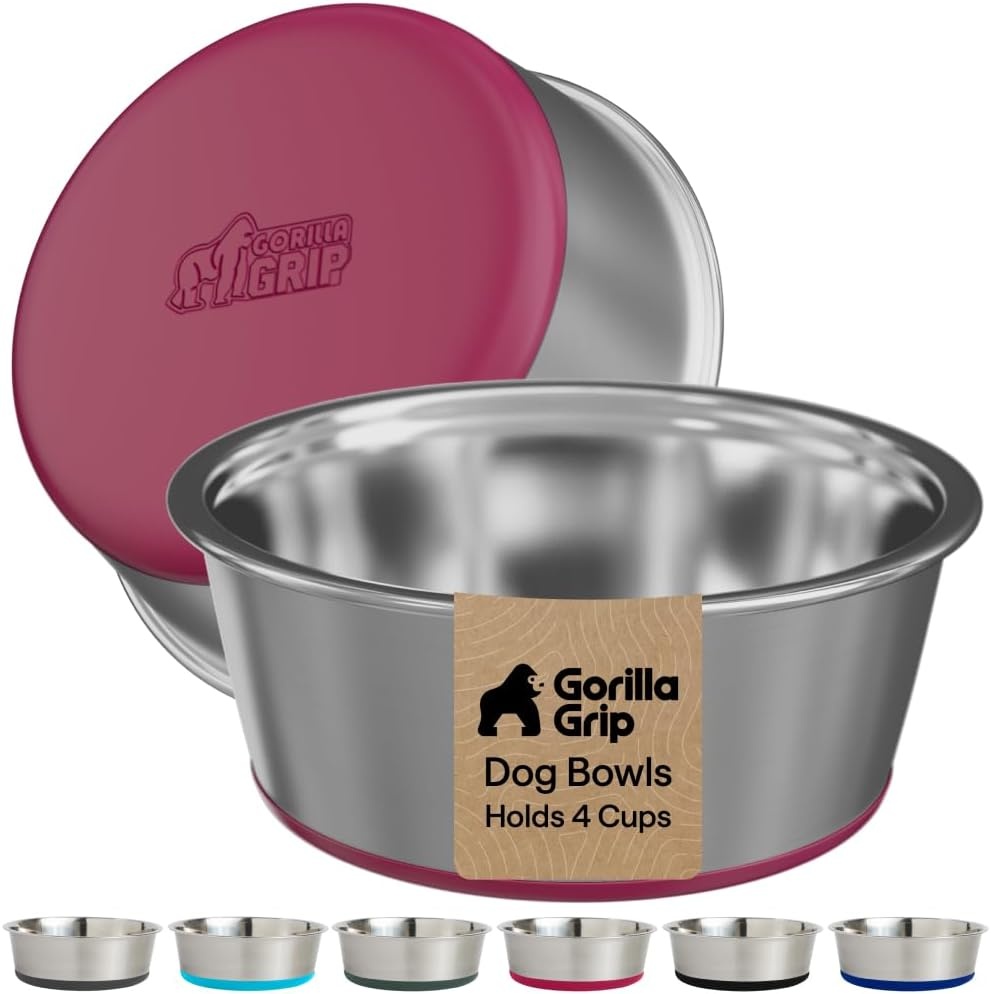 image:imageGORILLA GRIP Dog Bowls Food Grade 304 Stainless Steel Holds 2 Cups Each 16 fl oz Food and Water Bowl for Feeding Dogs and Cats Dishwasher Safe Rust Resistant BPA Free Rubber Base Set of 2 BlackRed