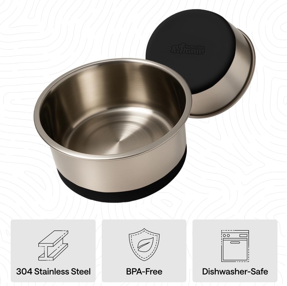 image:imageGORILLA GRIP Dog Bowls Food Grade 304 Stainless Steel Holds 2 Cups Each 16 fl oz Food and Water Bowl for Feeding Dogs and Cats Dishwasher Safe Rust Resistant BPA Free Rubber Base Set of 2 BlackBlack