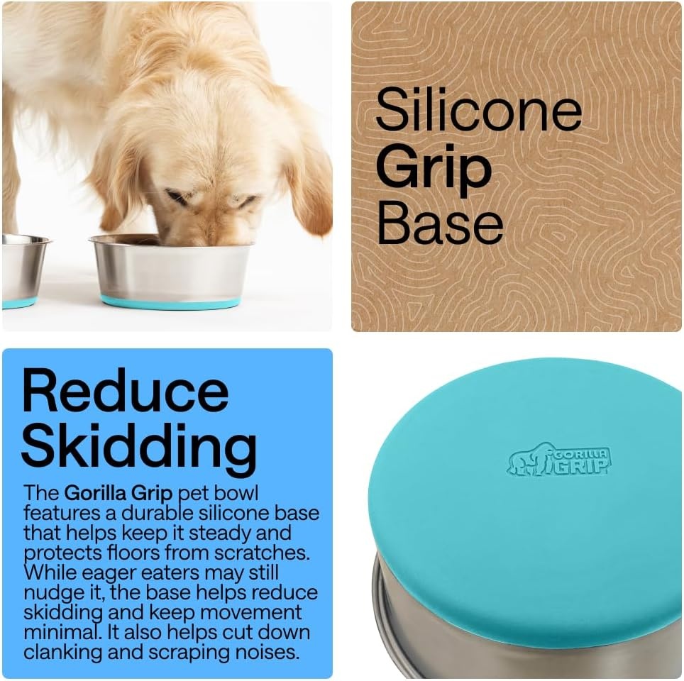 image:imageGORILLA GRIP Dog Bowls Food Grade 304 Stainless Steel Holds 2 Cups Each 16 fl oz Food and Water Bowl for Feeding Dogs and Cats Dishwasher Safe Rust Resistant BPA Free Rubber Base Set of 2 BlackTurquoise
