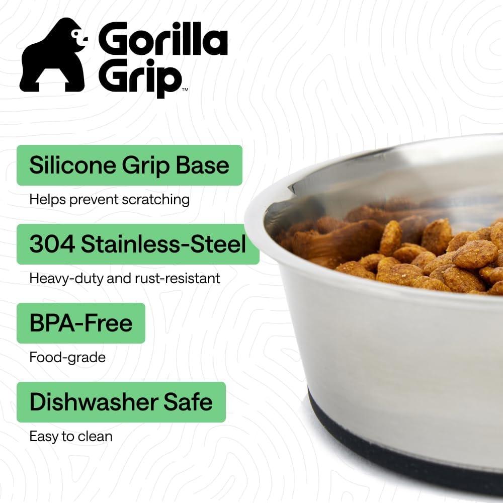 image:imageGORILLA GRIP Dog Bowls Food Grade 304 Stainless Steel Holds 2 Cups Each 16 fl oz Food and Water Bowl for Feeding Dogs and Cats Dishwasher Safe Rust Resistant BPA Free Rubber Base Set of 2 BlackBlack