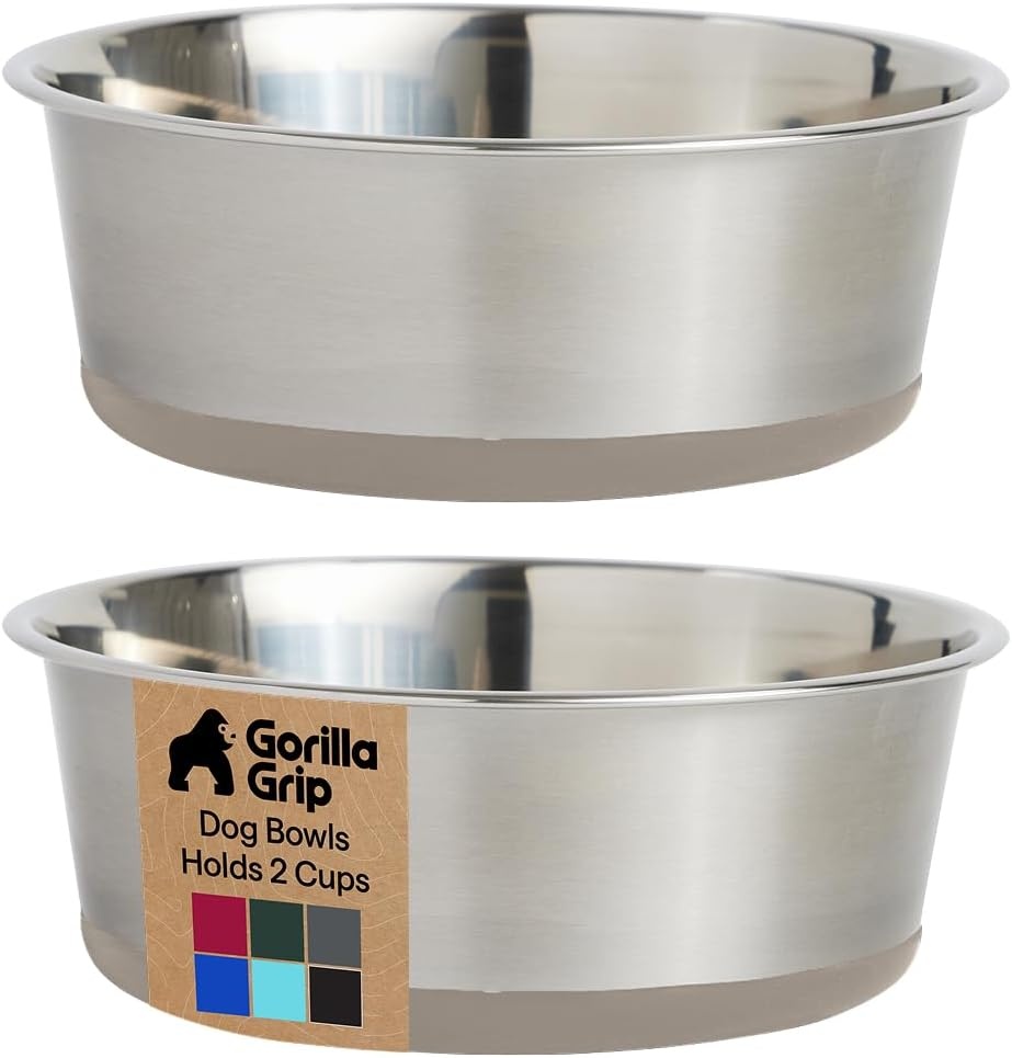 image:imageGORILLA GRIP Dog Bowls Food Grade 304 Stainless Steel Holds 2 Cups Each 16 fl oz Food and Water Bowl for Feeding Dogs and Cats Dishwasher Safe Rust Resistant BPA Free Rubber Base Set of 2 BlackBeige