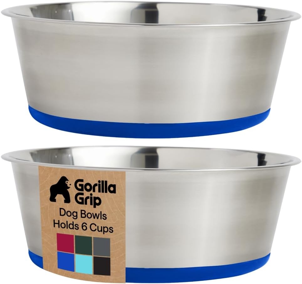 image:imageGORILLA GRIP Dog Bowls Food Grade 304 Stainless Steel Holds 2 Cups Each 16 fl oz Food and Water Bowl for Feeding Dogs and Cats Dishwasher Safe Rust Resistant BPA Free Rubber Base Set of 2 BlackRoyal Blue