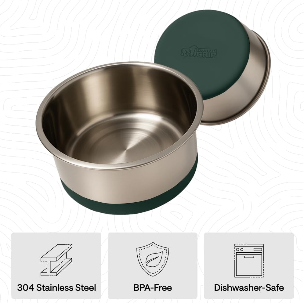 image:imageGORILLA GRIP Dog Bowls Food Grade 304 Stainless Steel Holds 2 Cups Each 16 fl oz Food and Water Bowl for Feeding Dogs and Cats Dishwasher Safe Rust Resistant BPA Free Rubber Base Set of 2 BlackHunter Green