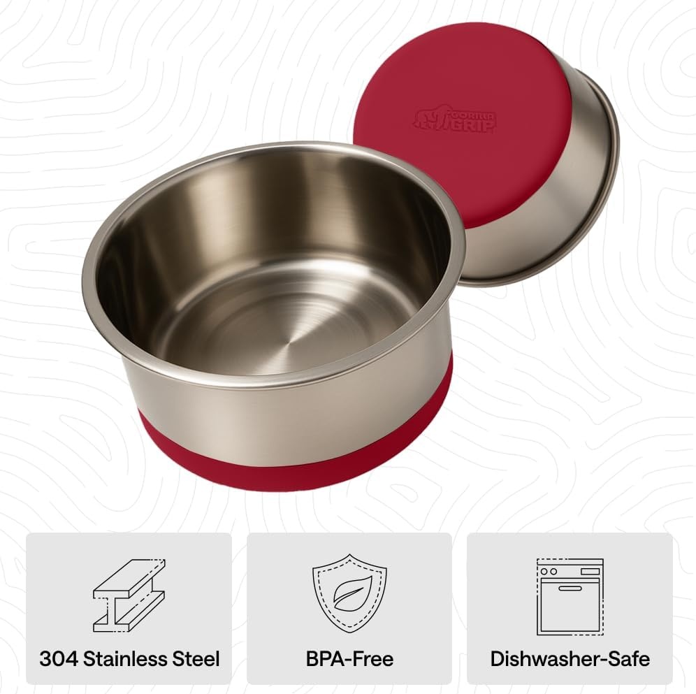 image:imageGORILLA GRIP Dog Bowls Food Grade 304 Stainless Steel Holds 2 Cups Each 16 fl oz Food and Water Bowl for Feeding Dogs and Cats Dishwasher Safe Rust Resistant BPA Free Rubber Base Set of 2 BlackRed