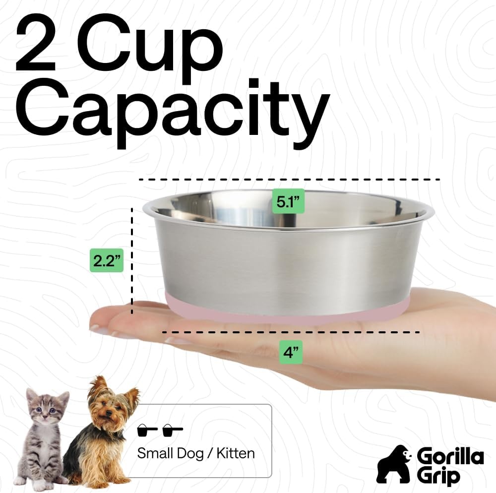 image:imageGORILLA GRIP Dog Bowls Food Grade 304 Stainless Steel Holds 2 Cups Each 16 fl oz Food and Water Bowl for Feeding Dogs and Cats Dishwasher Safe Rust Resistant BPA Free Rubber Base Set of 2 BlackLight Pink